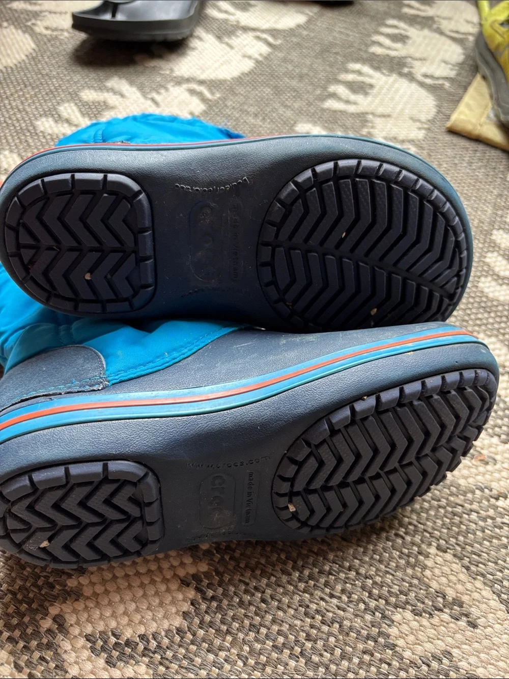 CROCS Kids Navy and Bright Blue Winter Boots with Orange Toggles